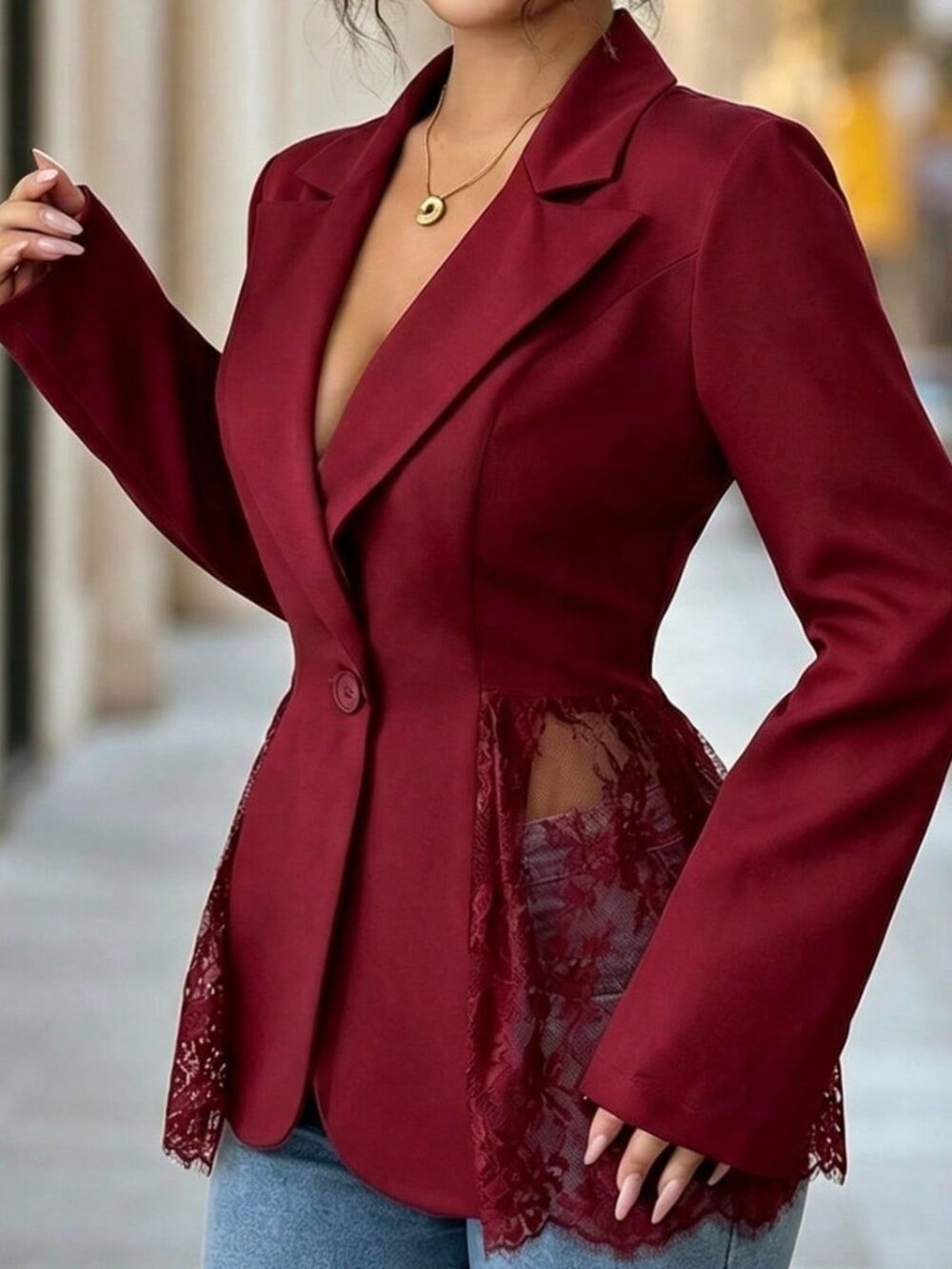 Burgundy Elegant Women's Lace Panel Blazer Jacket